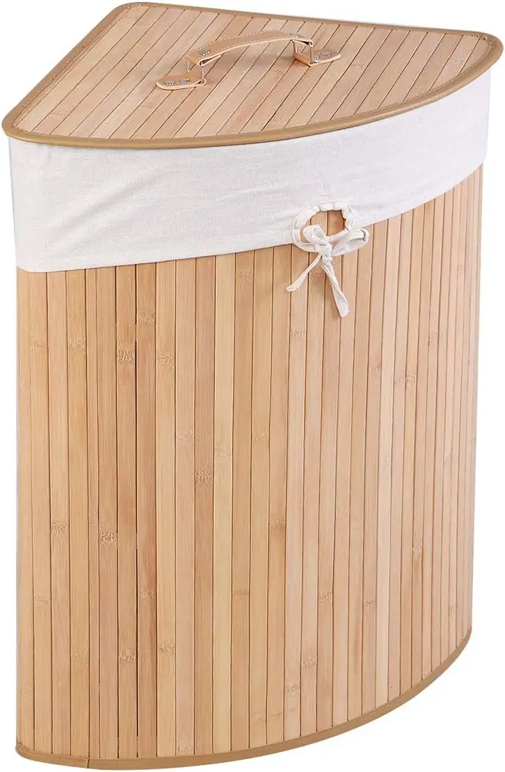 Corner Bamboo Laundry Hamper with Lid and Removable Liner, Washing Clothes Basket Storage Bin with Handle, Suitable for Bedroom,