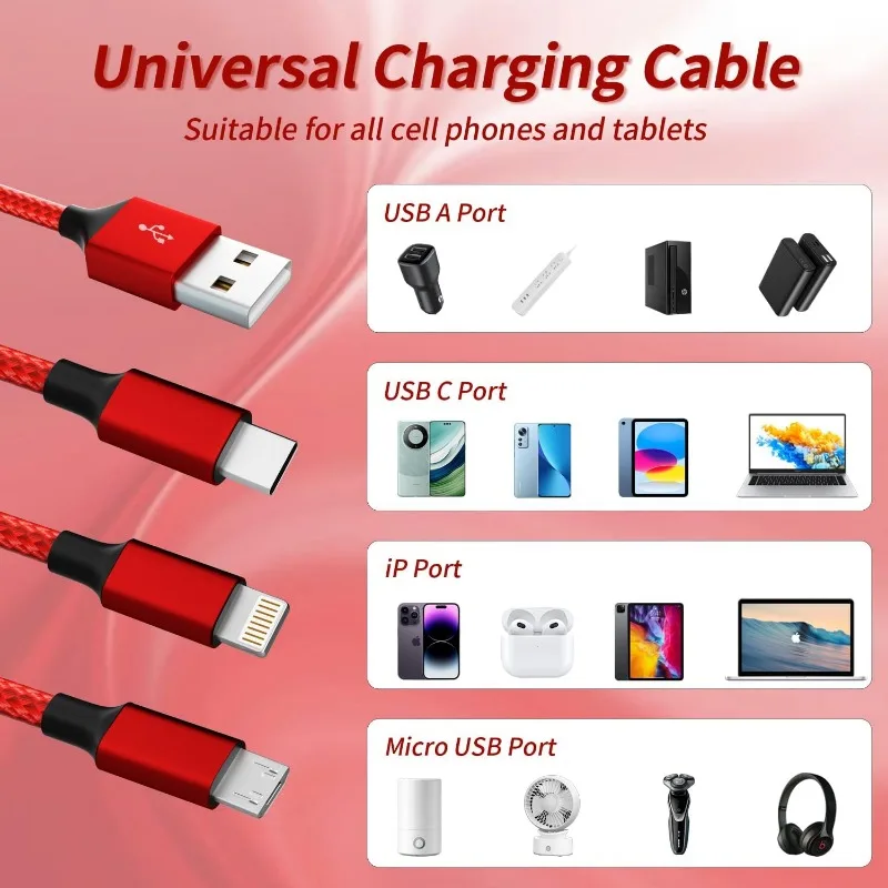 3 w 1 czerwone szybkie ładowanie kabla USB typu C Usb Micro dla Iphone Samsung Huawei Xiaomi z wieloma portami Usb