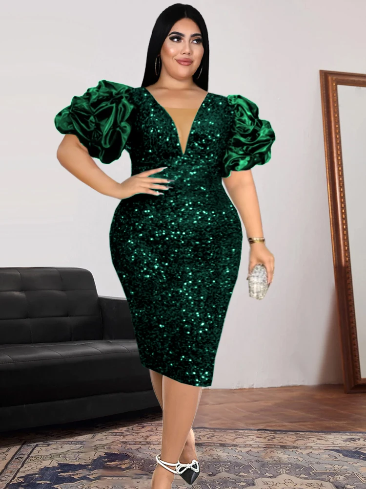 Luxury Sequins Dress Plus Size V Neck Tulle Patchwork Short Puff Sleeve Green Red Knee Length Christmas Evening Party Gowns 4XL