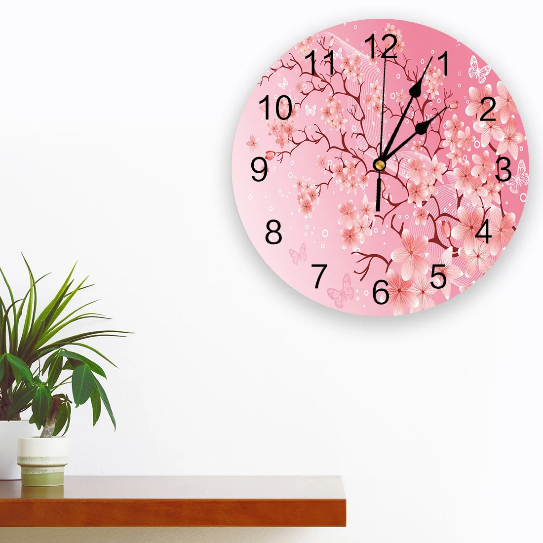 Pink Cherry Blossom Flowers Butterfly Wall Clock Decorative for Living Room Kitchen Bedroom Home Office Silent Wall Clocks