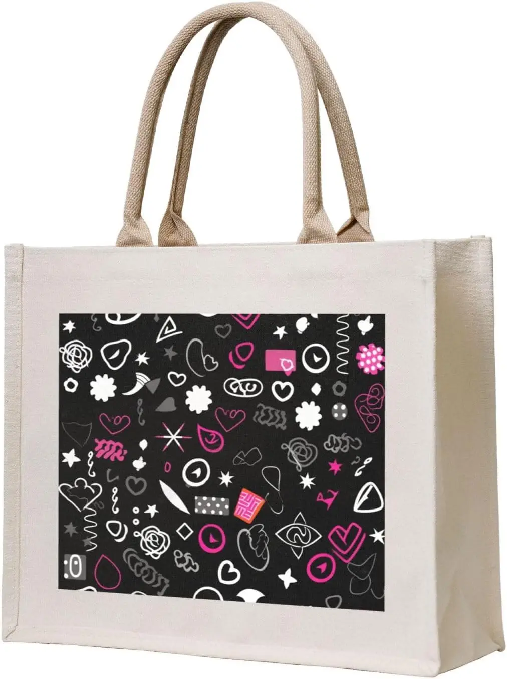 Multiple Symbols printed Canvas Carrying Tote Bag Fashion Handbag Shoulder Shopping Bag