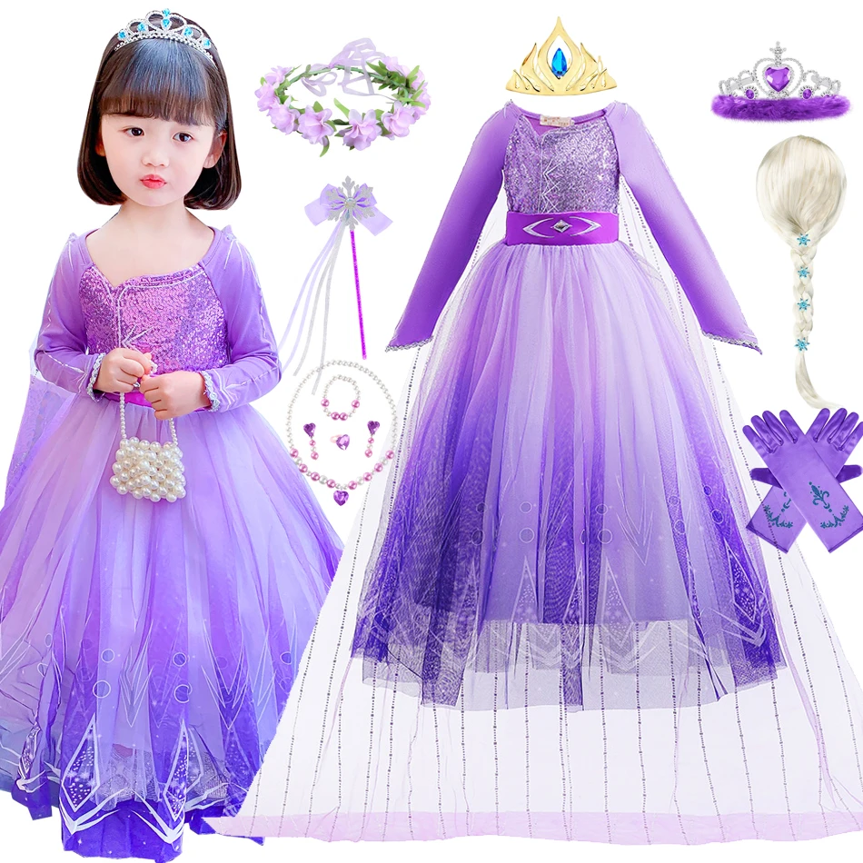 Princess Elsa Cosplay Purple Dress Girl Sequins Mesh Halloween Long Sleeves Ball Gown Birthday Party Toddler Carnival Costume