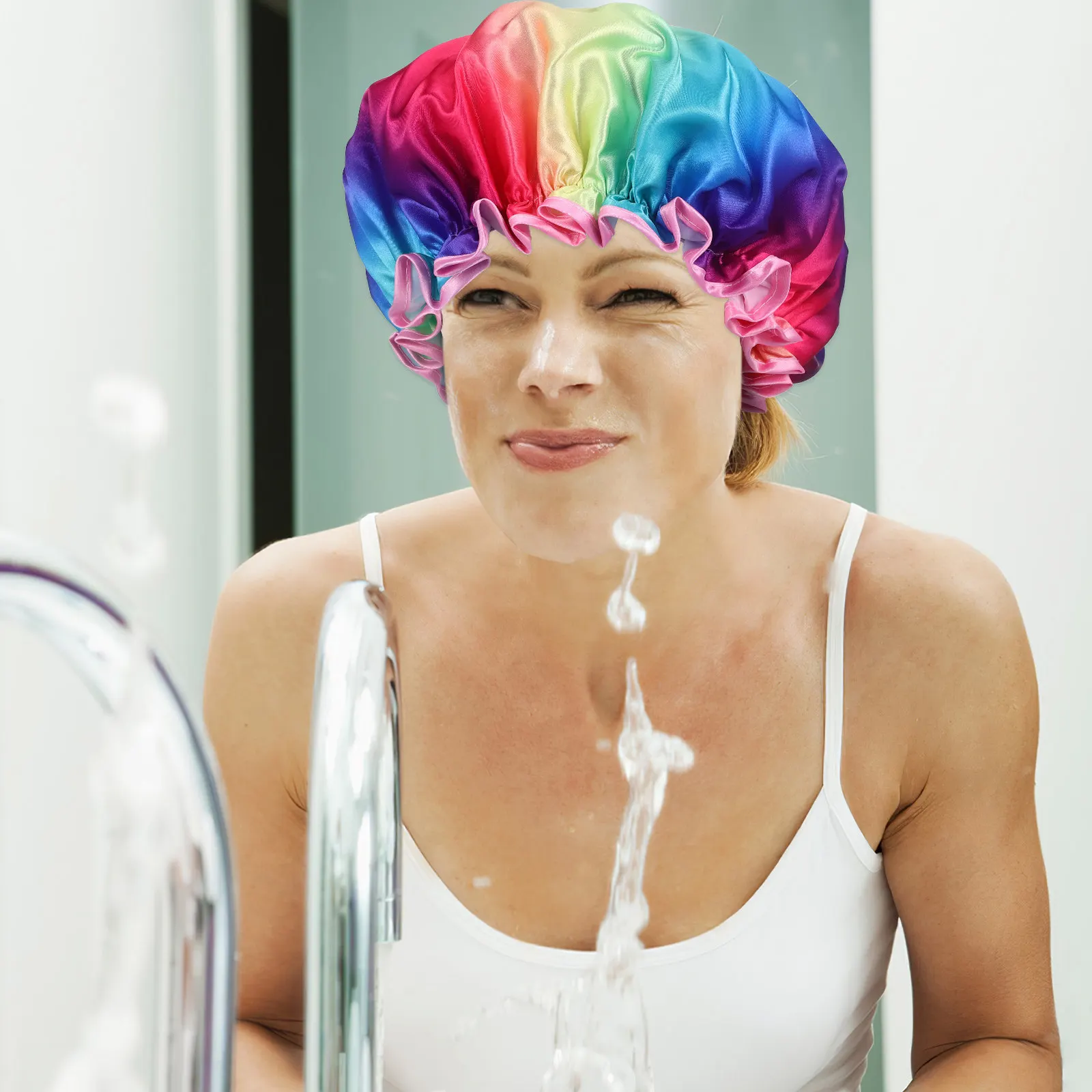 

Waterproof Shower Cap 1 Unit Rainbow Pattern Hair Protector for Women Men Reusable Shower Hat for Curly Hair Braids Travel