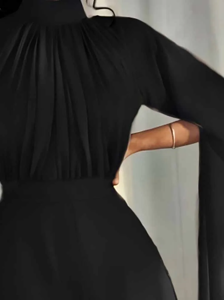 

Women Standing Collar Long Sleeved Chiffon Jumpsuit New Autumn High Waist Wide Leg Playsuit Casual Solid Color Commuting Romper