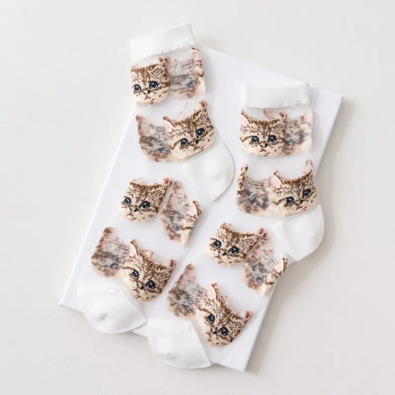 Y166 Frauen Sommer Dünne Nette Ankle Socken Transparente Glasfaser Cartoon Meow für Katze Druck Sehen Durch Rohr