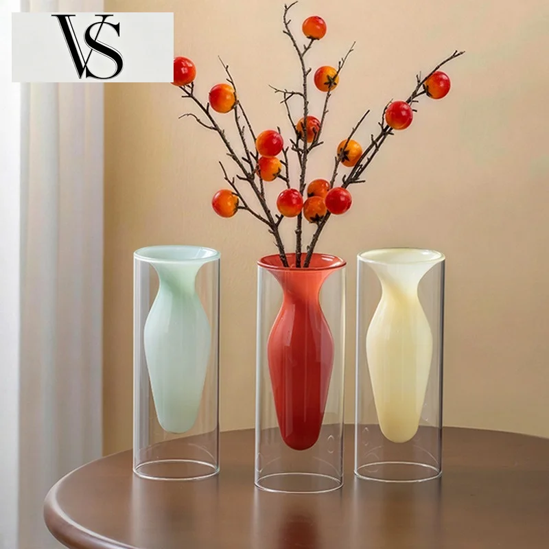 Desktop Unusual Ornament Artistic Shape Vase Hydroponic Floral Arrangement Decoration Modern Double-Layer Glass Transparent Vase
