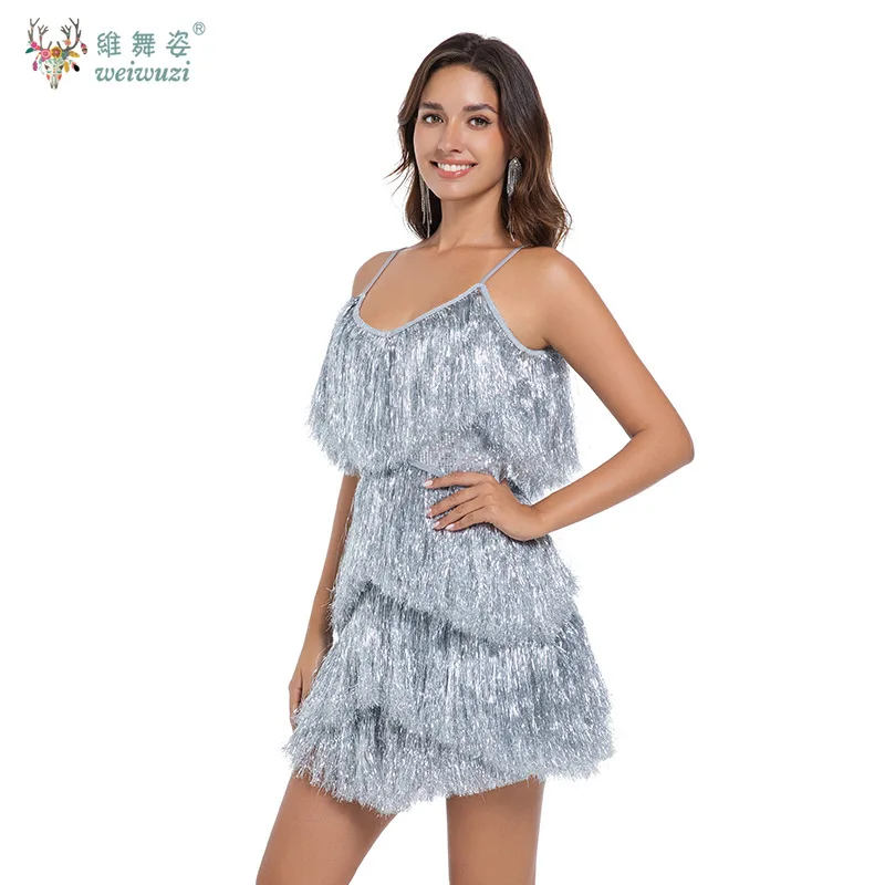 2025 신상 섹시 나이트클럽 스타일 V넥 백리스 시퀸 스파게티 스트랩 태슬 스커트 패션 파티 클럽 스파이시 걸 이브닝 드레스