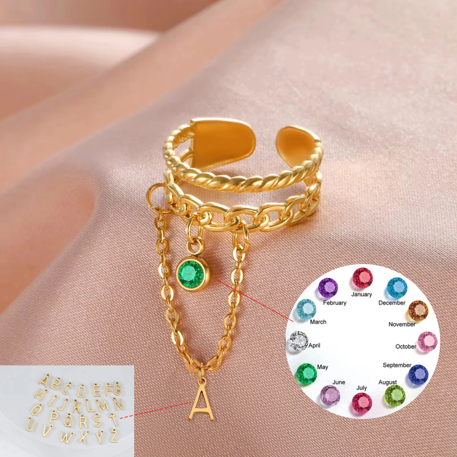 

Lemegeton Открытое кольцо с надписью на заказ, ювелирное изделие с камнем-талисманом, с именем и инициалами, с фианитами, для пар, подарок на день рождения