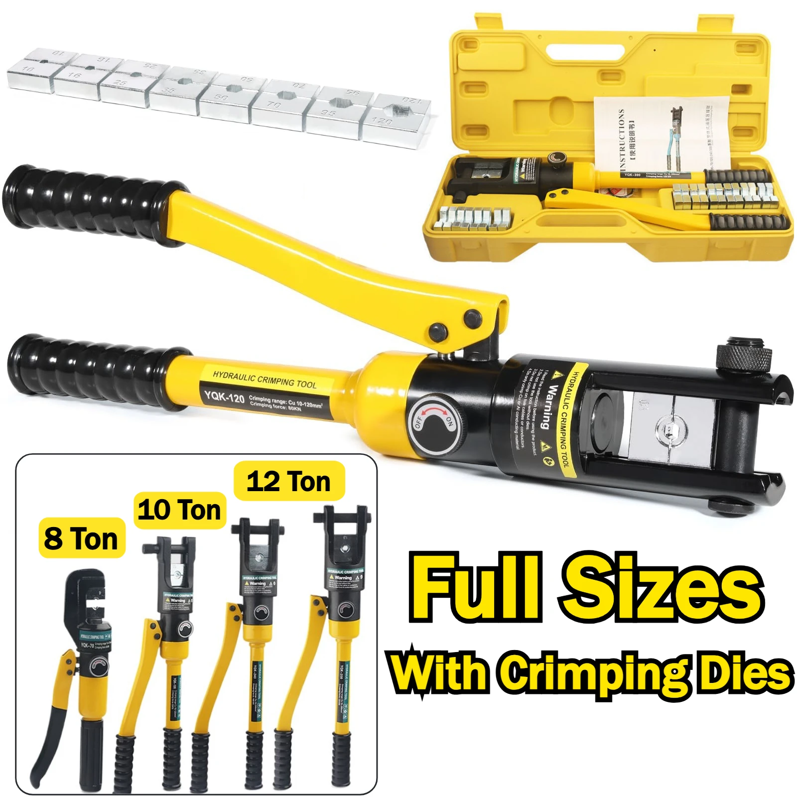 8/10/12 Tons Hydraulic Crimping Tool with Dies and Portable Case for Cables Stainless Steel Battery Terminal Wire Rope Crimper