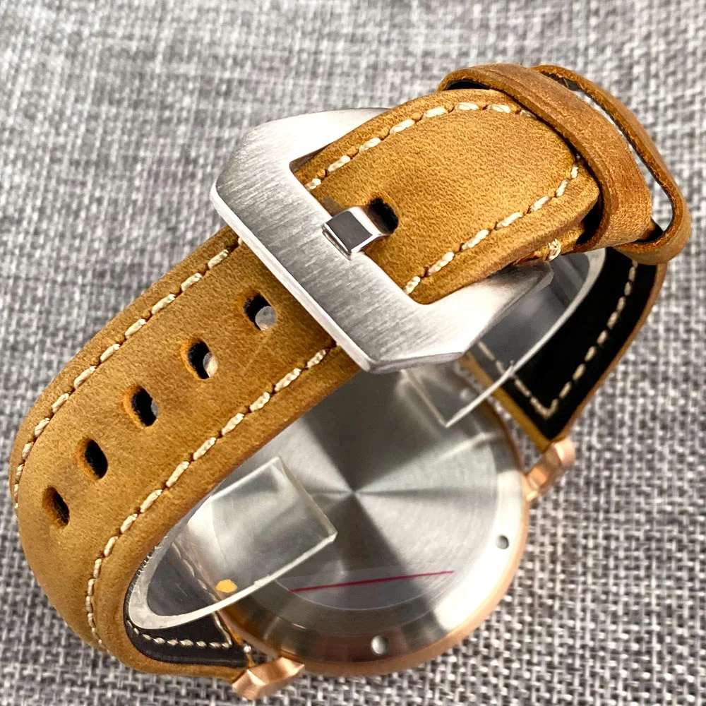 Tandorio 46.5mm Japan NH35A/PT5000 Auto Men Watch Military Big CUSN8 Solid Bronze Leather Strap Sapphire Glass Green Luminous