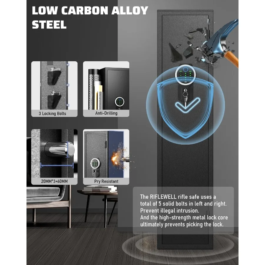 가정용 생체 인식 지문 총기 보관함: LED 조명 조절 가능한 총기 거치대 탈착식 총기 보관함으로 빠른 접근이 가능한 소총 및 권총 보관