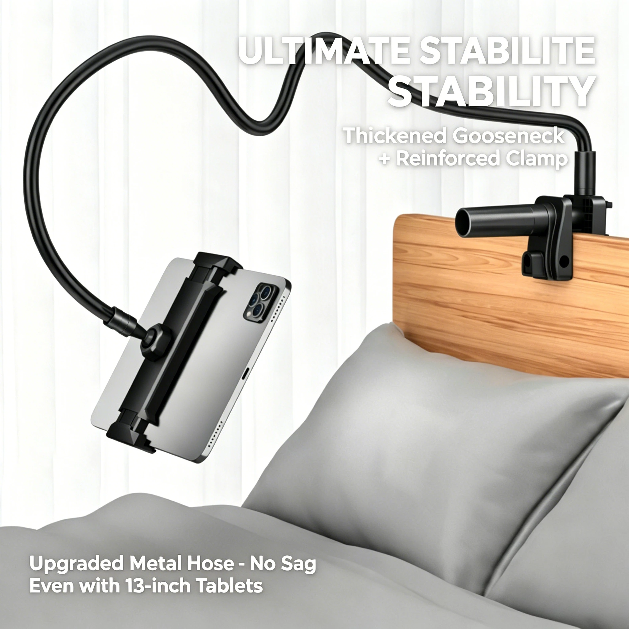 

Strong Flexible Phone Tablet Stand for 5-12 Inch Tablets & Phone Lazy Holder 360° Rotating Gooseneck Clamp for Bed Desk Cabinet