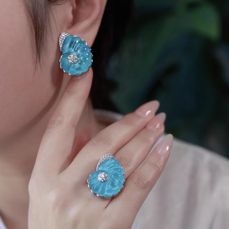 Bellux Pure Silver Artificial Sapphire White Crystal Carved Conch Blue Ring Earrings Fashion High-end Jewelry Set