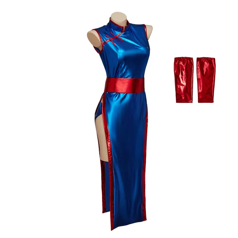 

Chichi Cosplay Costume Sexy High Split Cheongsam Elasticity Blue Dress Chichi Dress Goku Wife Costume Female Halloween Suit