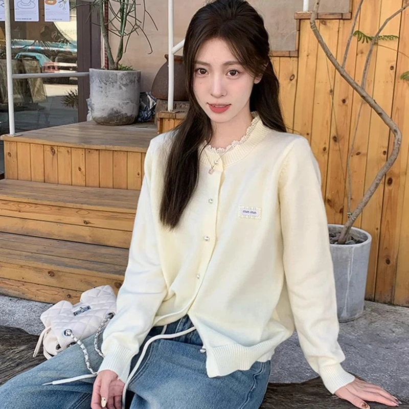 Lace Round Neck Knitted Cardigan Women Loose Casual Solid Color Jacket Coat Top