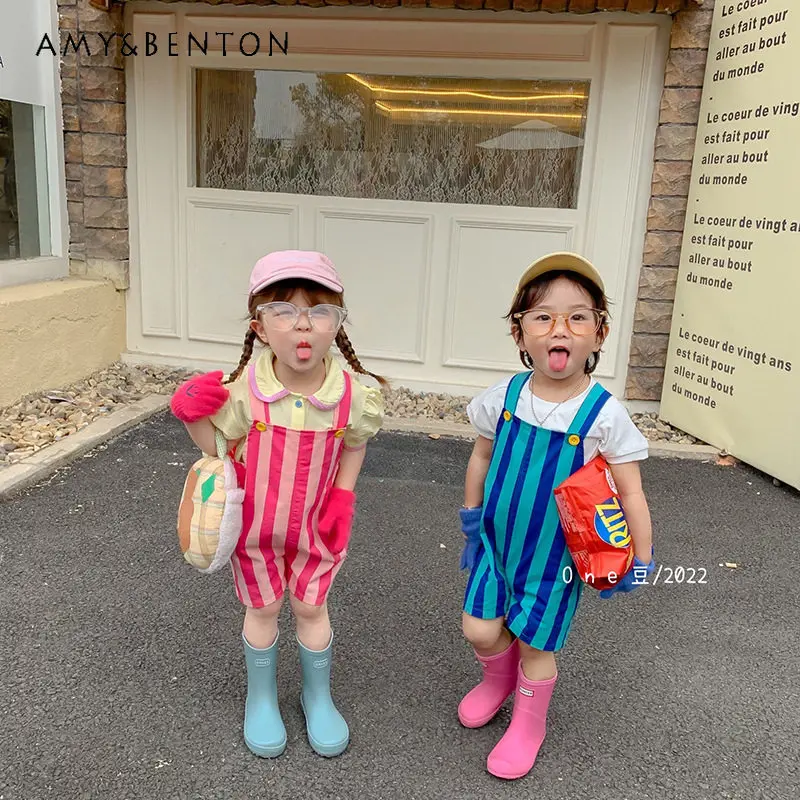 

Kids Babys Korean Fashion 2026 New Summer Twins Family Matching Outfitschildrens Pure Cotton Loose Fit Stripes Overalls Shorts