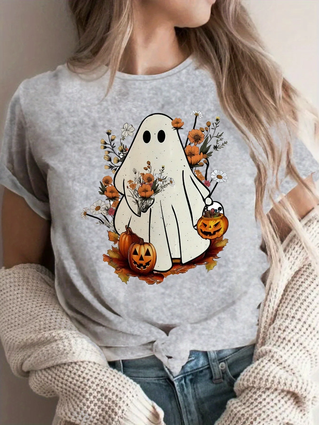 تي شيرت مطبوع عليه The Halloween Skeleton Pumpkin and Ghost كاجوال برقبة دائرية وأكمام قصيرة للملابس الجمالية لربيع وصيف
