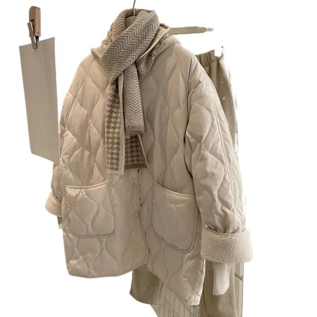 Women's Cotton-Padded Jacket Rhomboid Style Influence Korean Winter Coat Fleece-Lined Thickened Loose Fit
