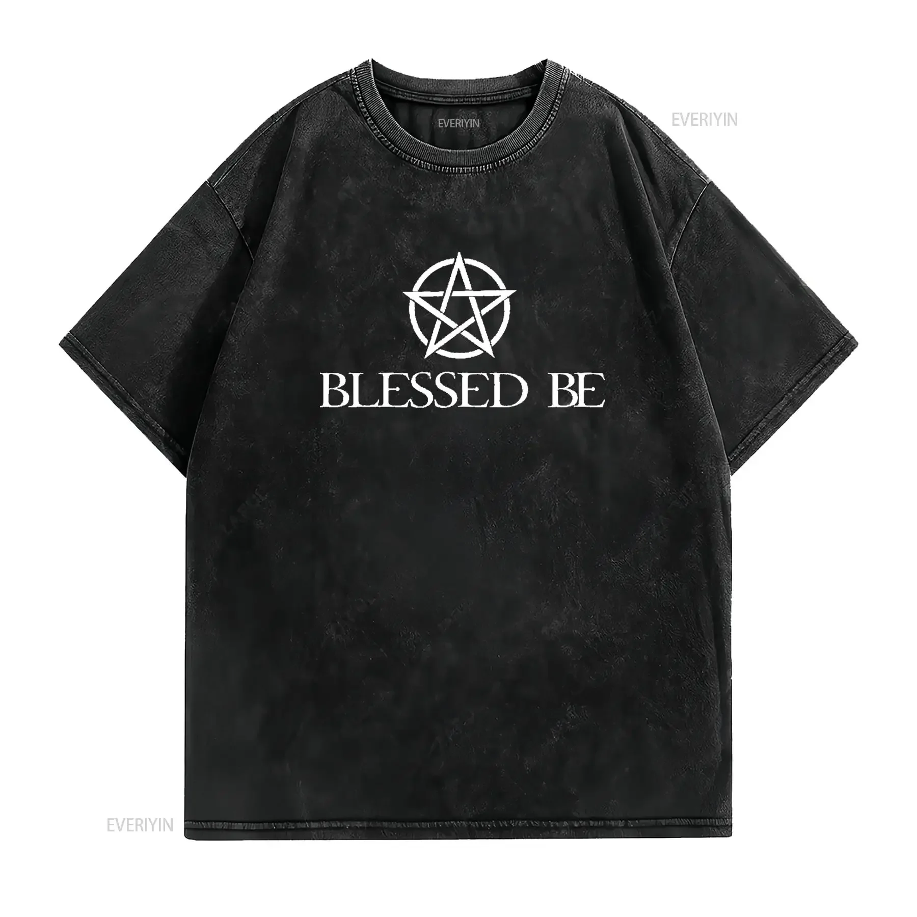 Blessed Be Pentagram Witchcraft Wiccan Witch Womens T Shirt Black XL vintage Washed graphic Unisex Top For Everyday Wear