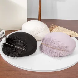 2024 new high-end fashion French ostrich wool inlaid with rhinestone wool beret Exquisite and elegant women's banquet hat