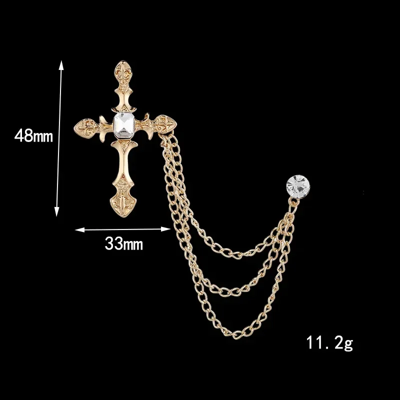 Korean New High-end Metal Cross Brooch Crystal Rhinestone Tassel Chain Lapel Pin Fashion Men\'s Suit Badge for Women Accessories