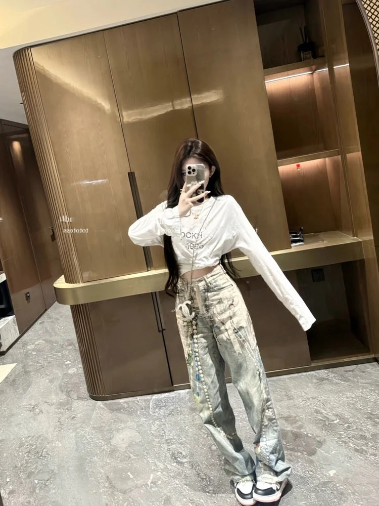 

Весна 2026 Женские джинсы с высокой талией, прямые, с кружевом и жемчужной цепочкой, широкие брюки свободного кроя, джинсовые брюки-кюлоты