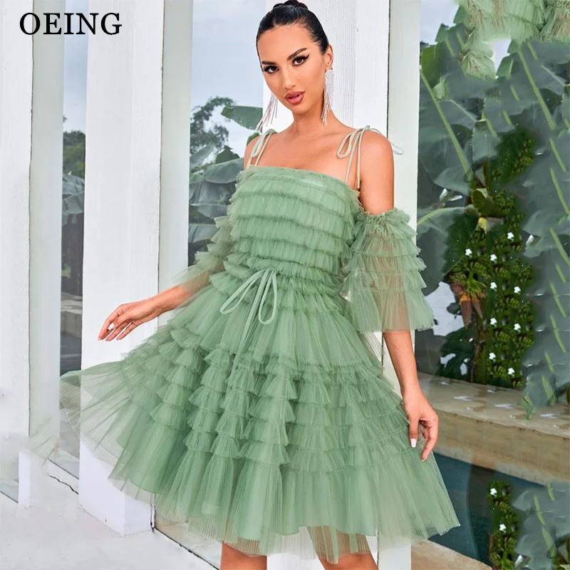 

OEING A-Line Green Tiered Prom Dresses Off The Shoulder Party Gowns Pleats Sweetheart Knee-Length Soft Tulle Dress Customized