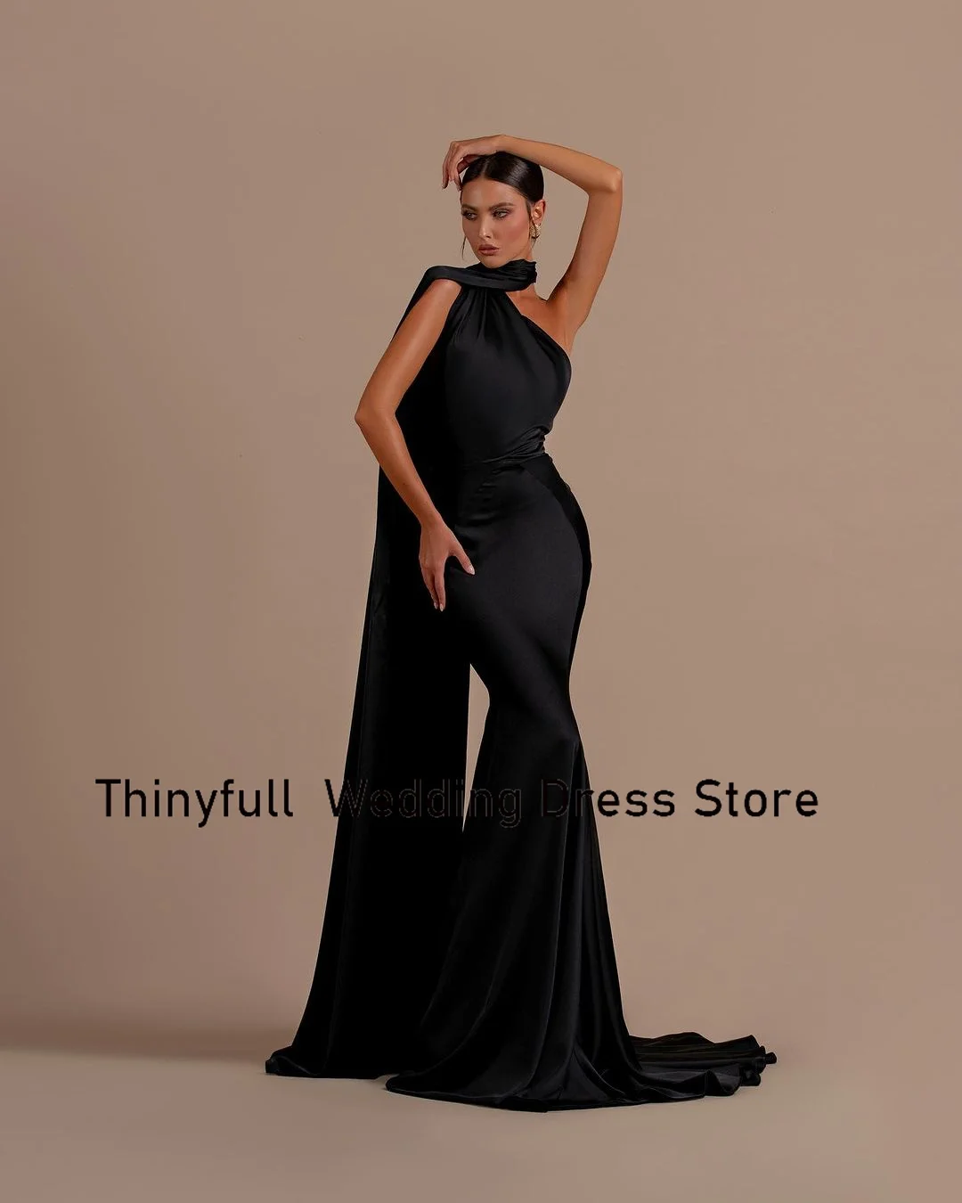 Thinyfull Black Satin Mermaid Evening Party Dresses Halter Sleeveless Prom Dress Long Formal Occasion Gown Robe De Soirée 2024