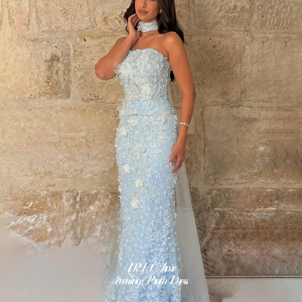 

IRIS Dreamy Sky Blue Prom Evening Dresses for Women Strapless 3D Floral Lace Mermaid Gown Customized Tulle for Bridal Party 2026