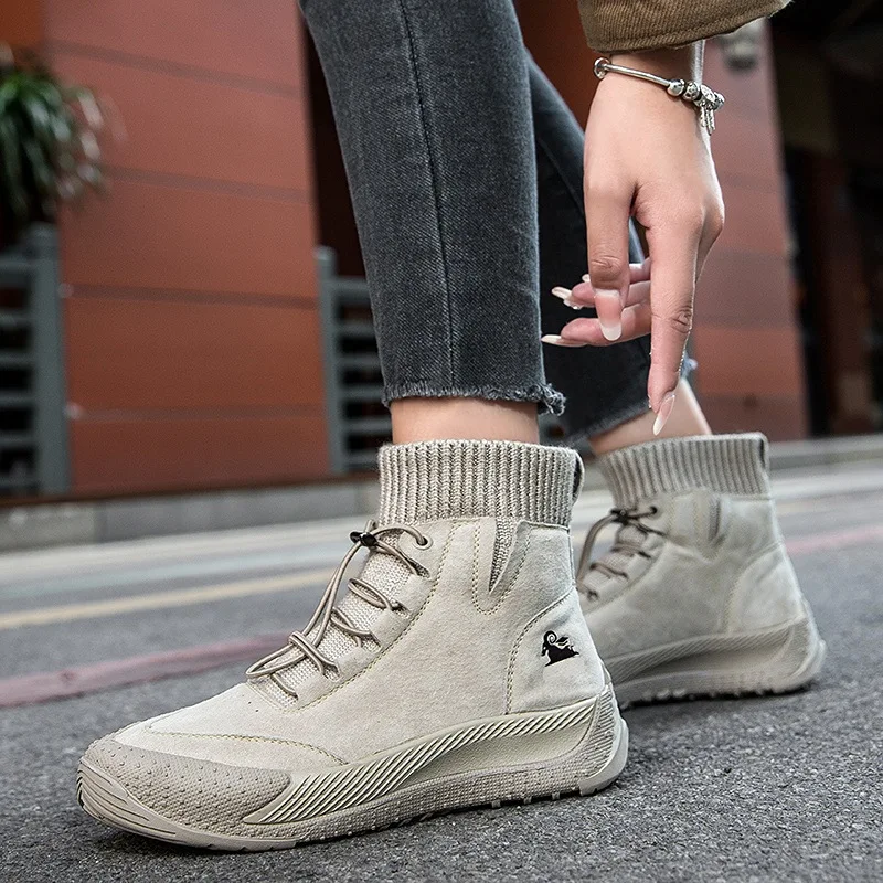 Trendy High Top Women's Hiking Shoes with Leather Toe Layer Women's Autumn and Winter Short Boots Anti Slip Casual Hiking Boots