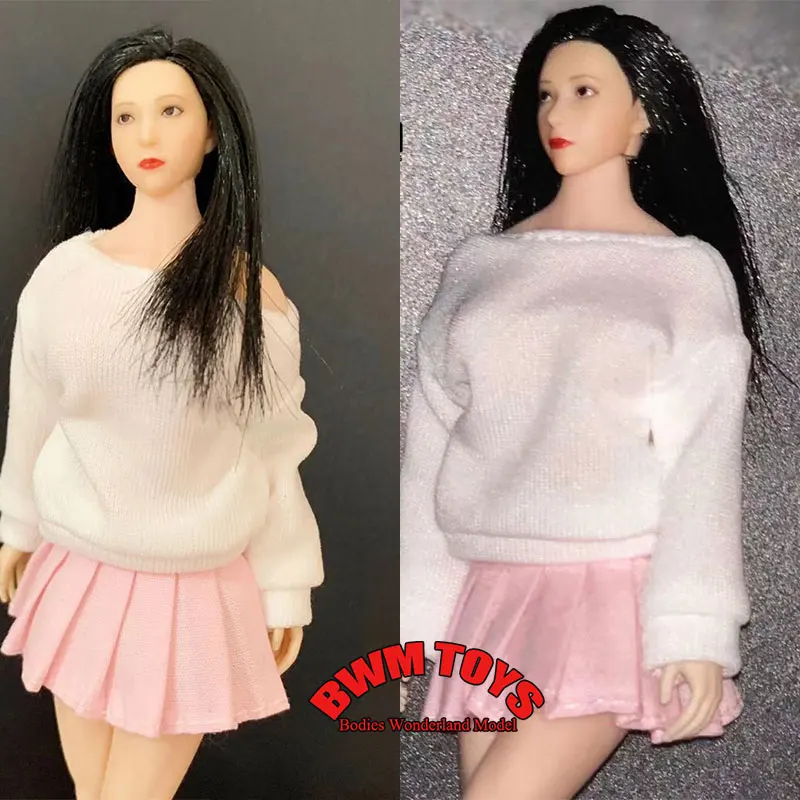 手作り-1-12-スケール女性兵士白長袖プルオーバーシャ​​ツピンクショートプリーツスカート-6-インチ-tbl-アクションフィギュア人形用