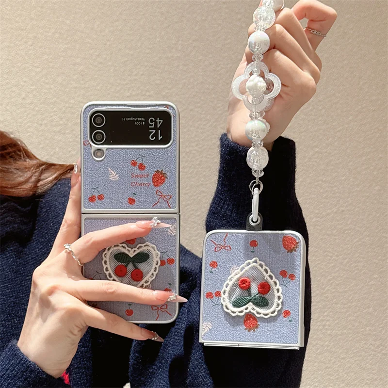 Korean Cute Cherry Phone Case For Samsung Z Flip 6 5 4 3 Cover with Chain Kawaii Protective Cases For Galaxy Z Flip4 Flip5 5G