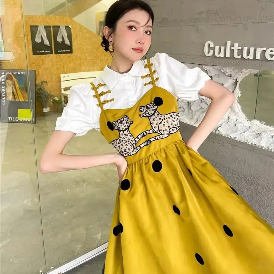 2piece Set Embroidery Leopard Shirts Short Lantern Sleeve Blouses And Strapless Polka Dots Dresses Chic Suits Set Summer Women