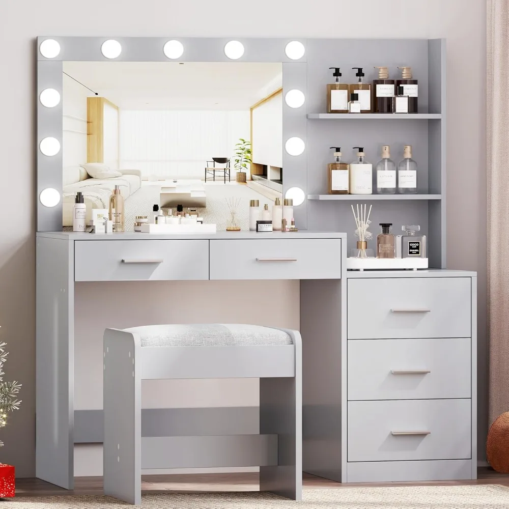 Makeup Vanity Set with Lights and Mirror, Vanity Desk with 5 Drawers, 3 Lighting Colors, Dressing Table for Bedroom, Studio