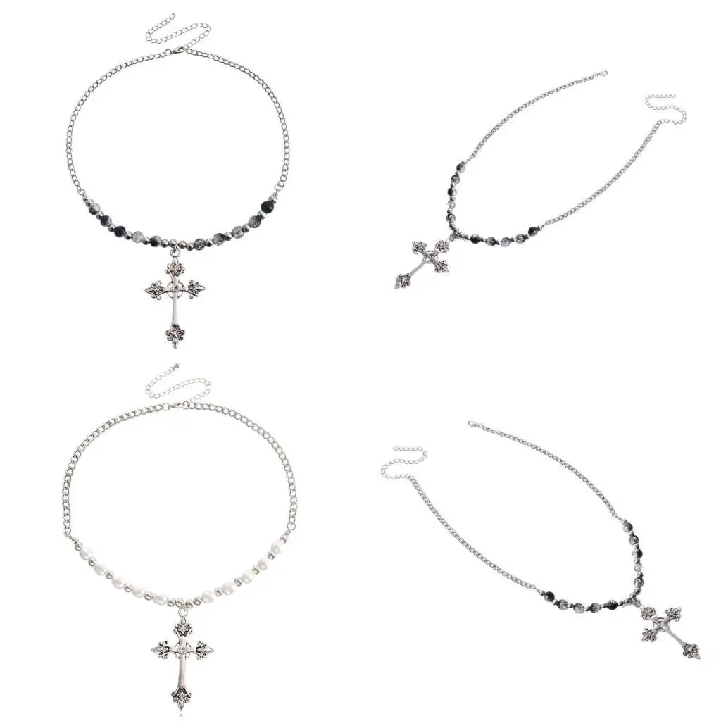 

A52E Gothic Bead Necklace Choker Necklace,Gothic Necklace Big Crucifix Pendant Necklace Fashion Jewelry Gift