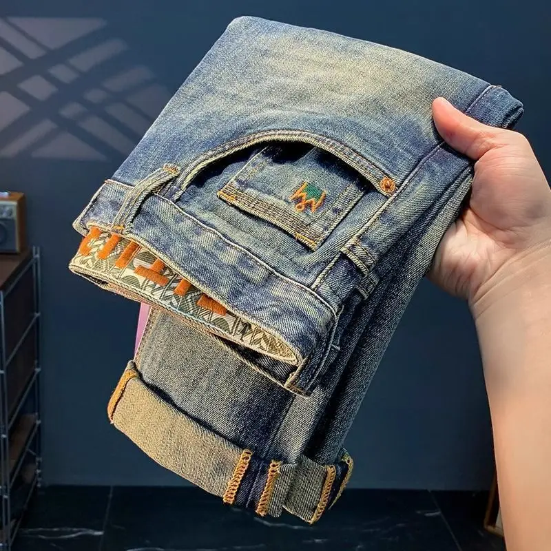Casual Versatile Loose Fit Printed Embroidered Jeans Men's High Waist Slimming Pants Youthful Trendy Wear Resistant Jeans