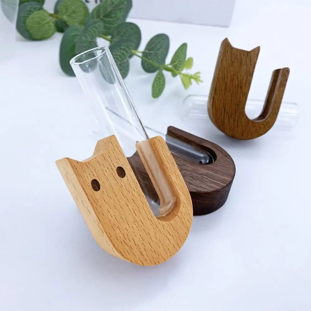 Florero de madera duradero para pelo de gato y mascota, florero de plantas hidropónicas con tubo de vidrio, caja magnética para almacenamiento de pelo de mascota, decoración para nevera