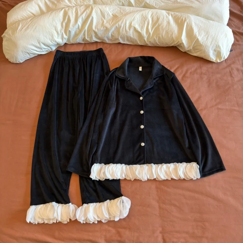 Double-sided Velvet Women Pajama Spring Autumn Winter Warm Long-sleeved Lace Soft Chest Pad Sleepwear Set Women's Home Clothes
