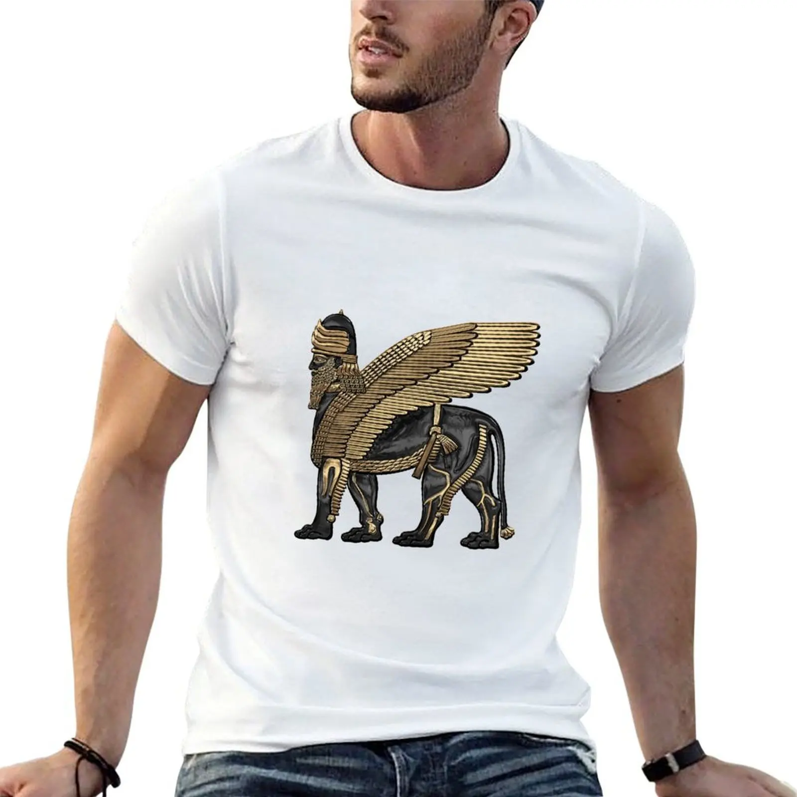 

Assyrian Winged Lion - Gold and Black Lamassu over White Leather T-Shirt man t shirts cotton T-Shirt