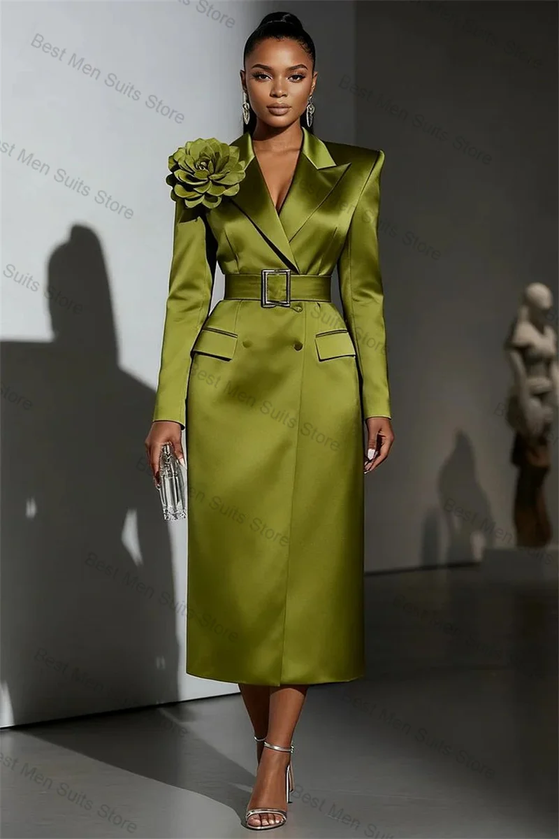 

Green Satin Women Suit 1 Pcs Long Blazer Prom Dress 3D Flower Autumn Formal Office Jacket Customized Wedding Guest Prom Coat