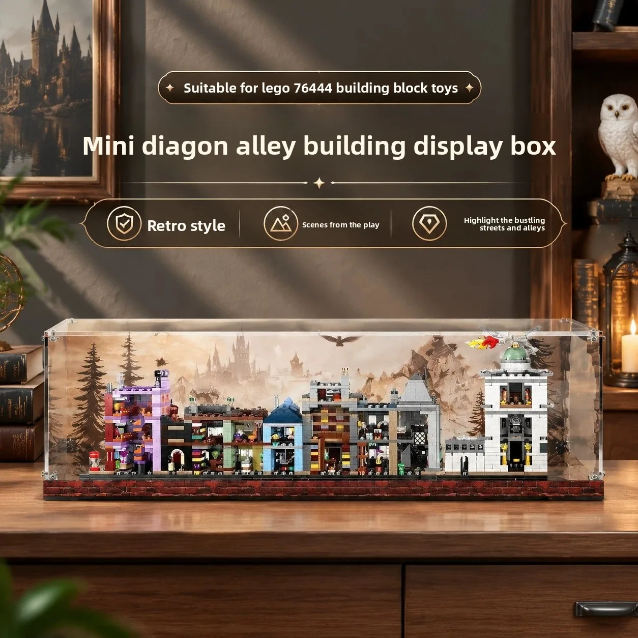 High-definition transparent display case with themed background, dustproof assembly storage box for LEGO 76444 Mini Diagon Alley