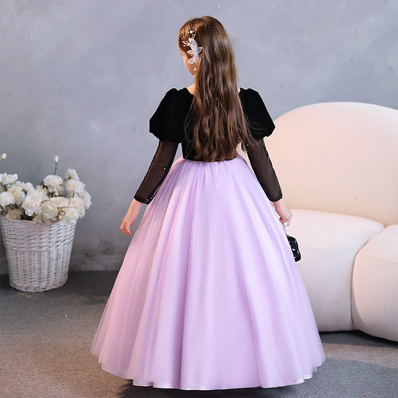 Girls dress velvet puff sleeves floor-length mesh long sleeve puffy tulle princess dress