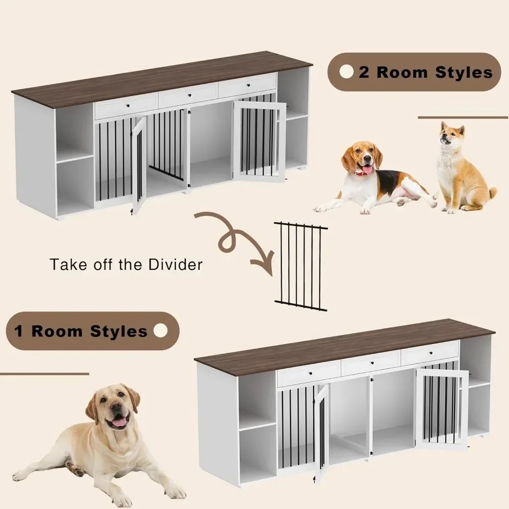 Dog Crate, 94.8 Inch Wooden Large Dog Kennel with Drawers, Divider & Storage Shelves, Indoor TV Stand with Double Rooms