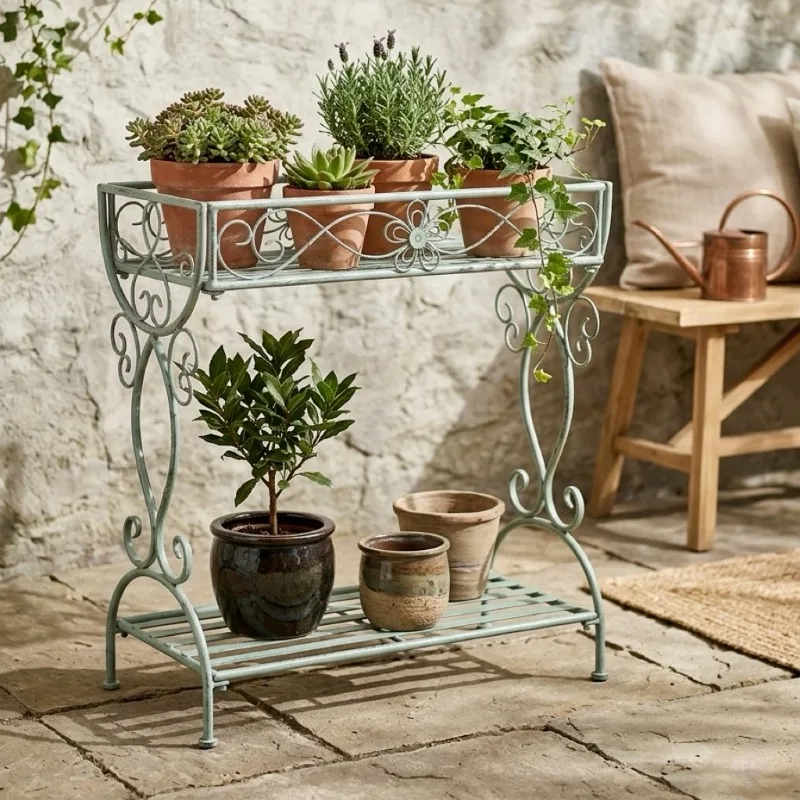 

American Country Vintage Distressed Iron Rustic Two-Tier Plant Stand, Flower Pot Holder Shelf for Patio Balcony Garden Outdoor
