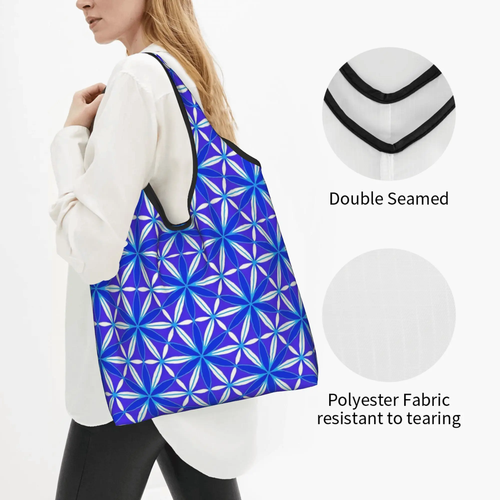 Funny Flower of Life  Shopping Tote Bags Portable Sky Lapis Lilac Boho Floral Groceries Shopper Shoulder Bag
