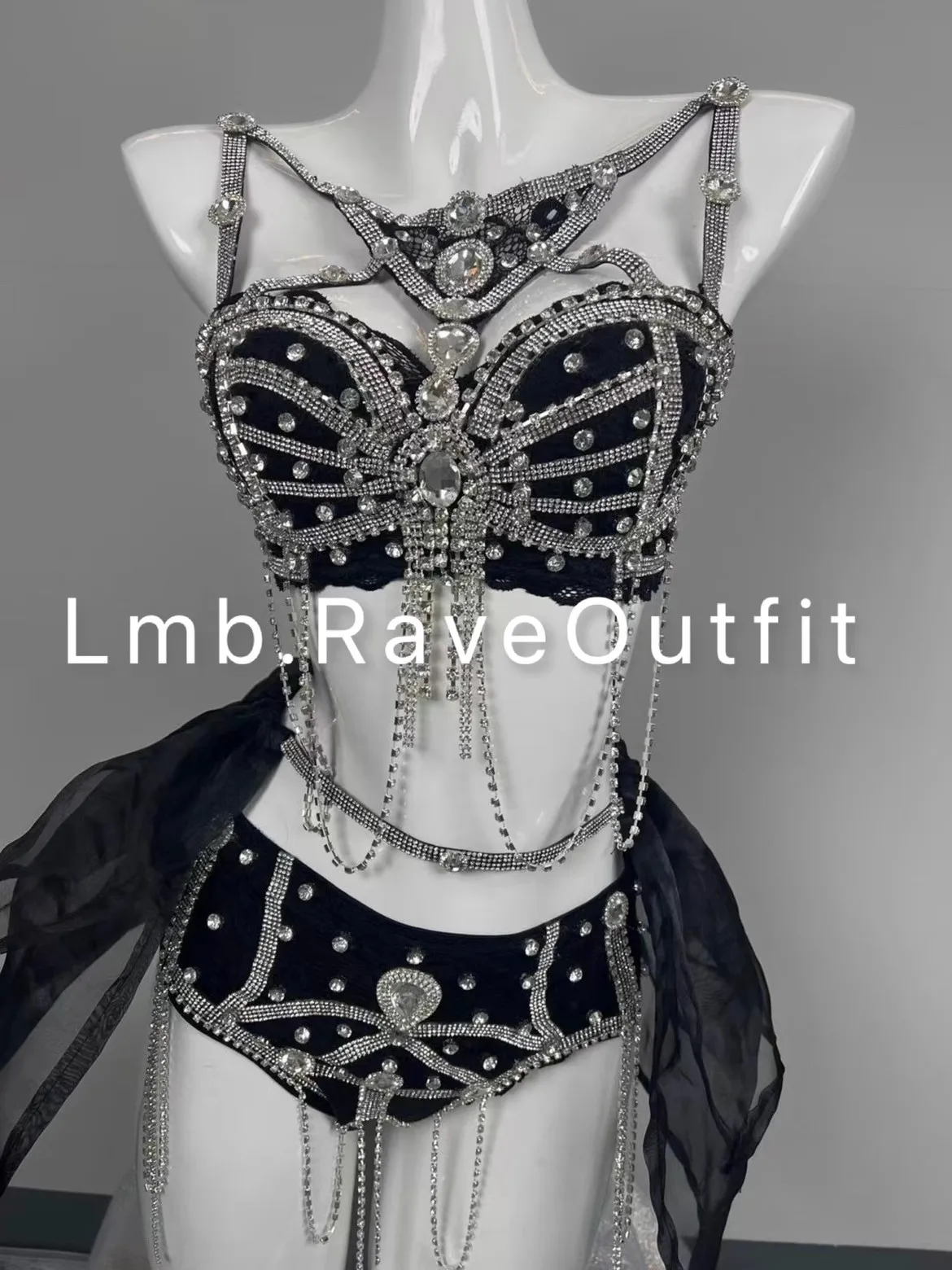 

Sparkling Diamond Exquisite Bikini Set+Mesh Skirt Sexy Luxury Singer Bar Nightclub Dance Stage Rave Outfit Party Prom Club Set