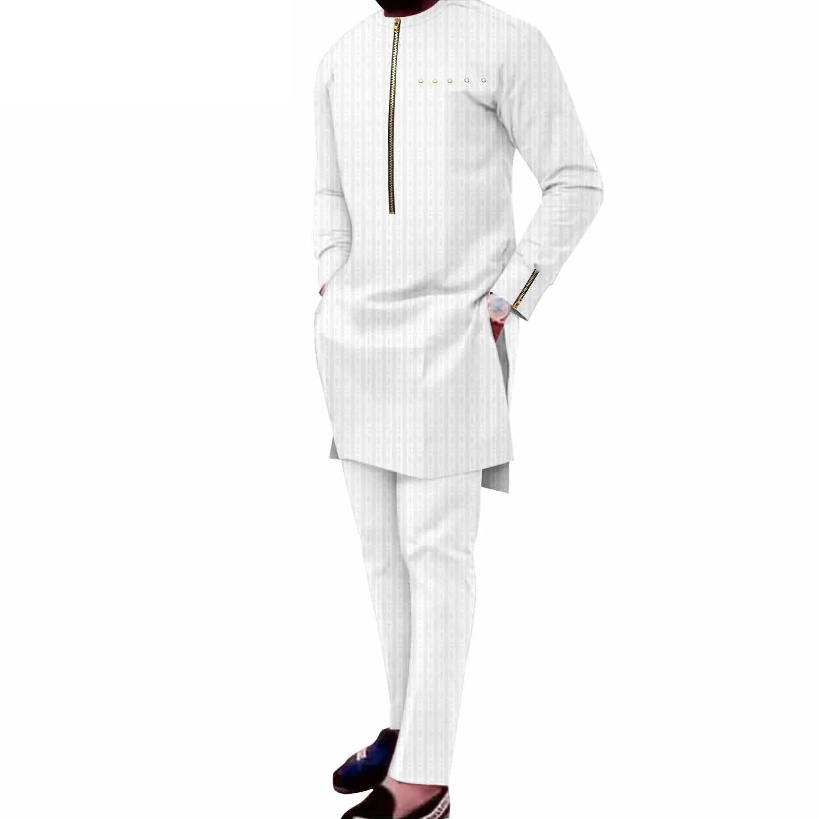 

African Traditional Clothing for Men Bazin Riche Zip Shirts and Pants 2 Piece Set Formal Suit for Wedding Evening Formal Suits