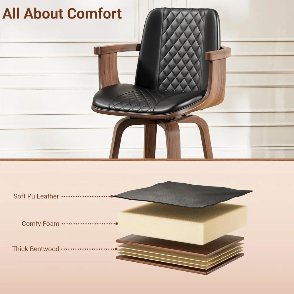 Bar Stools Set of 2, 26 Bentwood Barstools with Arms, Mid-Century Modern Counter Height Swivel Bar Chairs, PU Leather Barstools