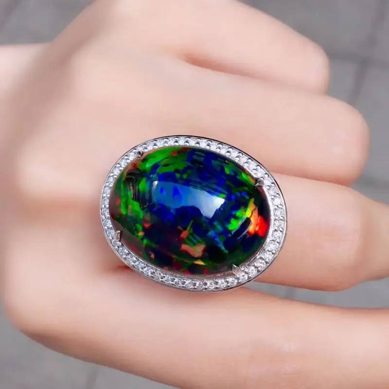 

Classic Large Oval Black Opal Ring | Paved Cubic Zirconia Halo Ring | Bridal Wedding Engagement Statement Ring