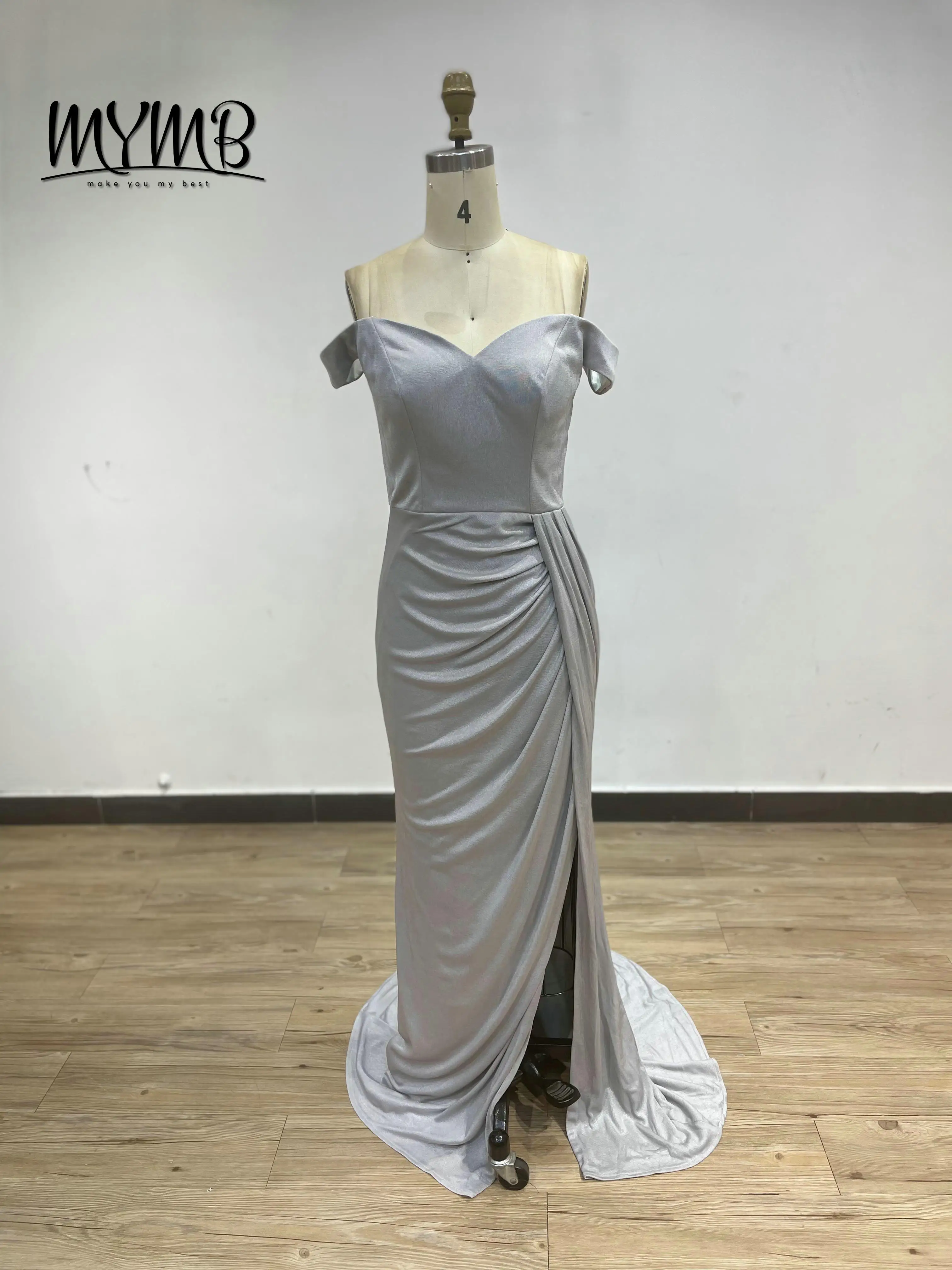 

MYMB Elegant Satin Modest Evening Gowns Off Shoulder Bridesmaid Wedding Dresses Pleat Decoration for Formal Party Guests AM22204